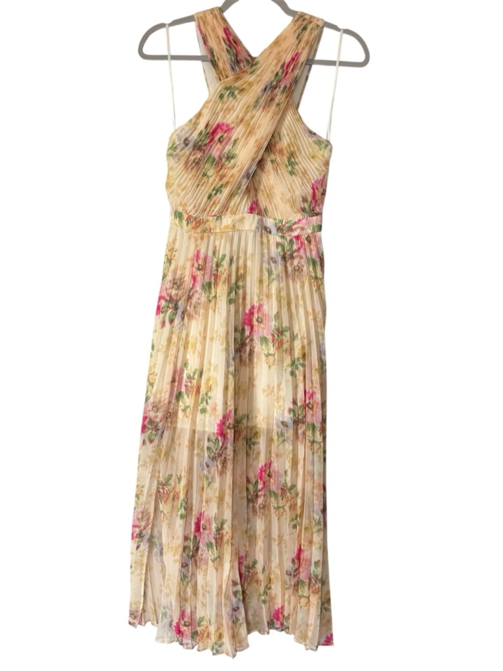 Ted Baker Amerah Cross Front Floral Pleated Midi Dress Chiffon Yellow US 4 NWT - Picture 4 of 17